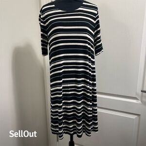 LOFT Petite Black & White Striped T-Shirt Dress PS Knee Length Casual